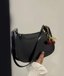 Women’s PU Leather Handbag Versatile Fashion Solid Color Cherry Pendant Shoulder Bag Casual Commuting Bag Girl Underarm Bag