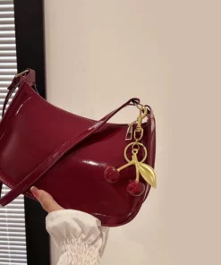 Women’s PU Leather Handbag Versatile Fashion Solid Color Cherry Pendant Shoulder Bag Casual Commuting Bag Girl Underarm Bag